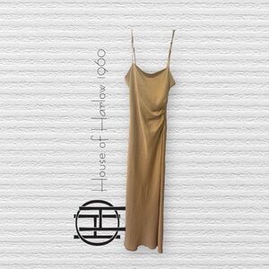 NWT HOUSE OF HARLOW Satin Slip Cowl Neck Maxi Dress Ruched Side Slit Adjustable